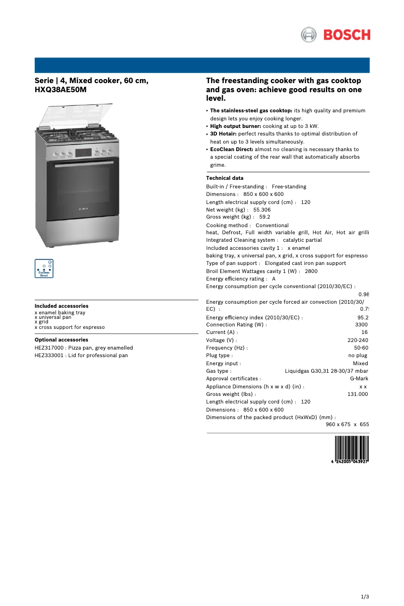 Page 1 de la notice Fiche technique Bosch HXQ38AE50M