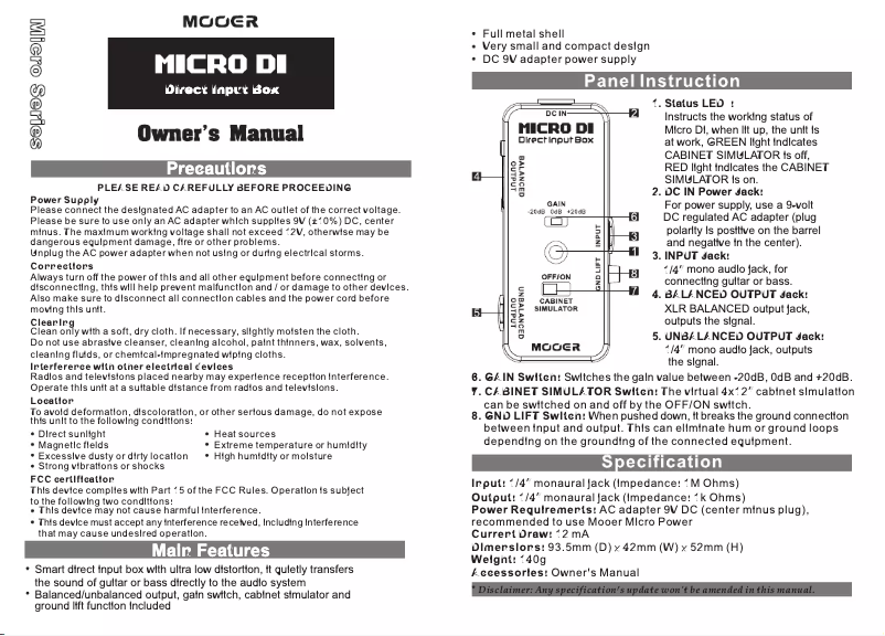 Page n°1 - Manuel utilisateur Mooer MICRO DI
