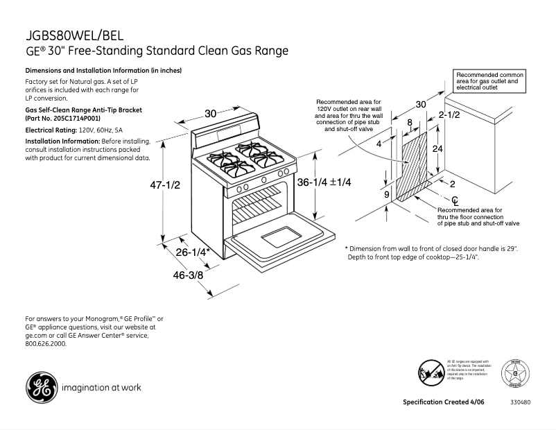 Page 1 de la notice Fiche technique GE JGBS80WELWW