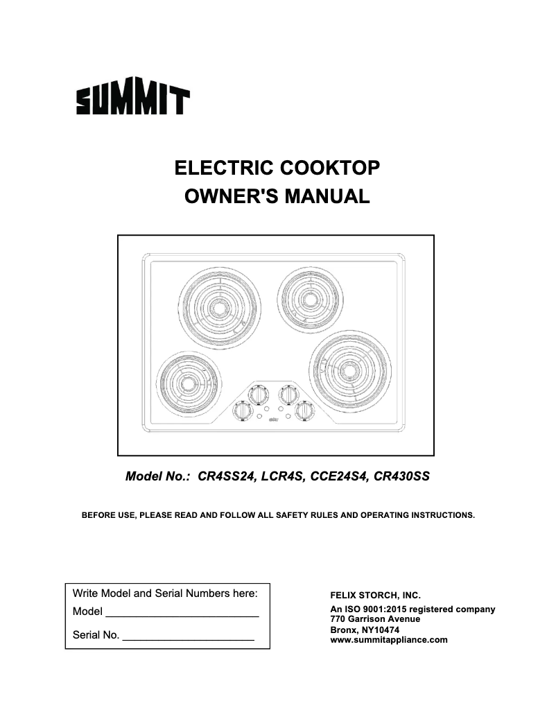 Page n°1 - Manuel d'utilisation et d'entretien Summit CR430SS