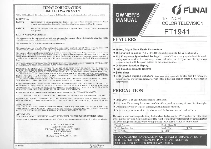 Page 1 de la notice Manuel utilisateur Funai FT1941