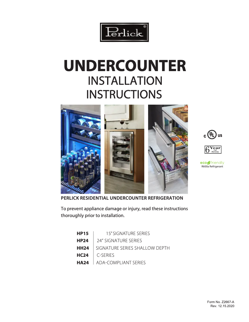 Page 1 de la notice Guide d'installation Perlick HP24RO-4-2L