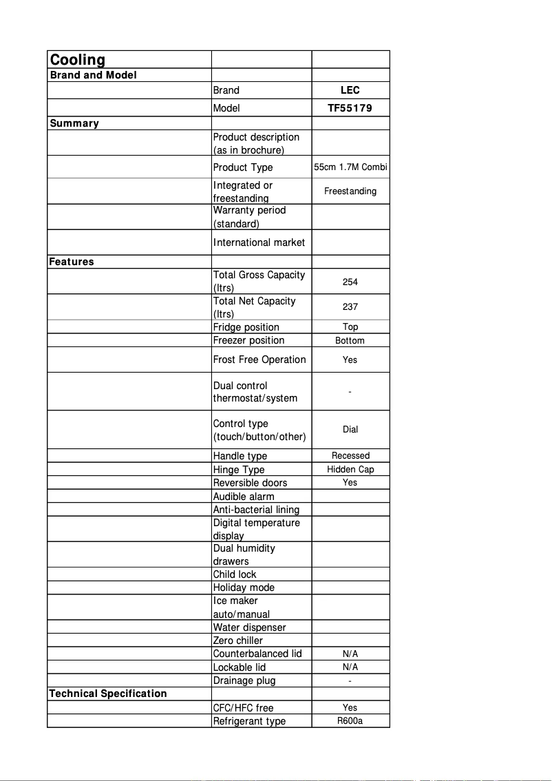Page 1 de la notice Fiche technique LEC TF55179
