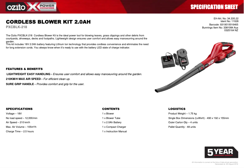 Página 1 del manual Ficha técnica Ozito PXCBLK-218