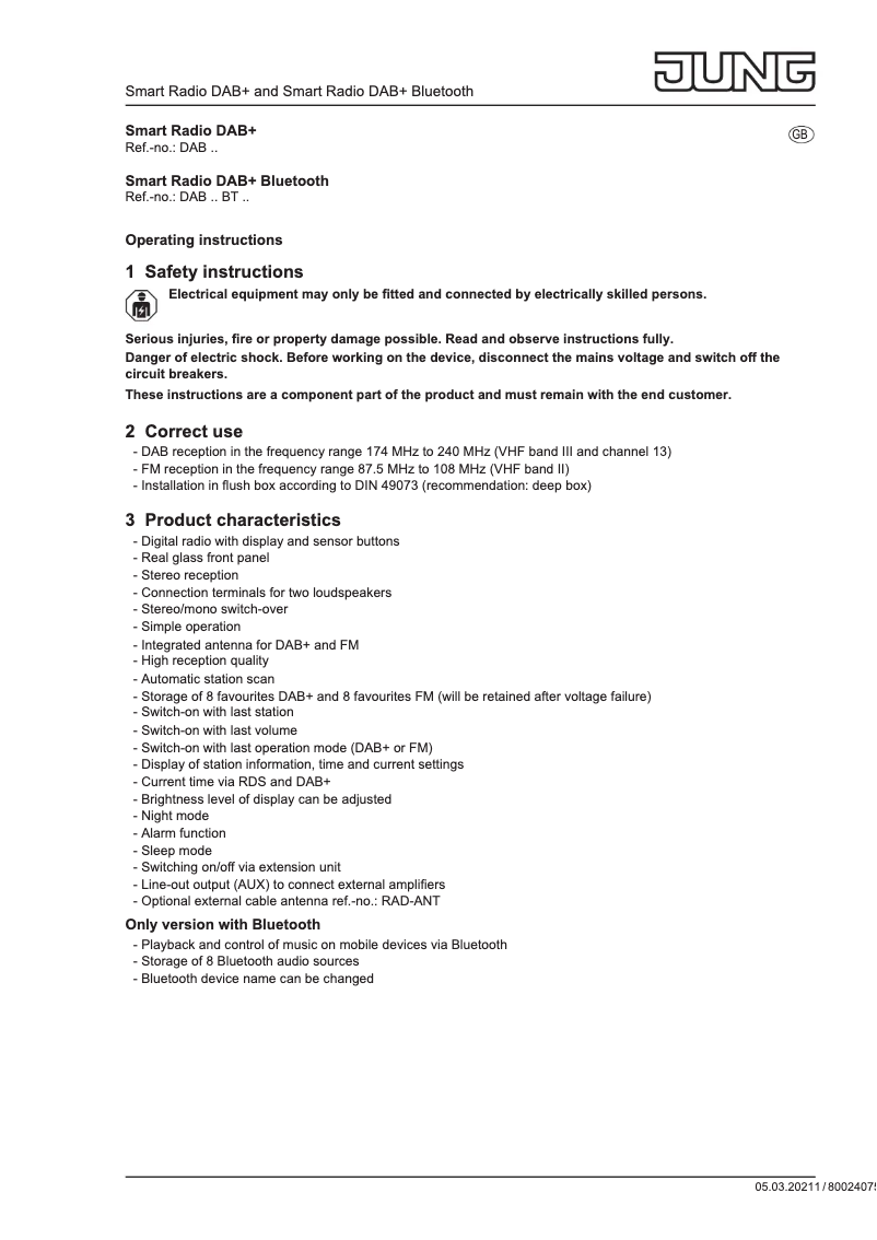 Page 1 de la notice Manuel utilisateur JUNG DABA1BTWW