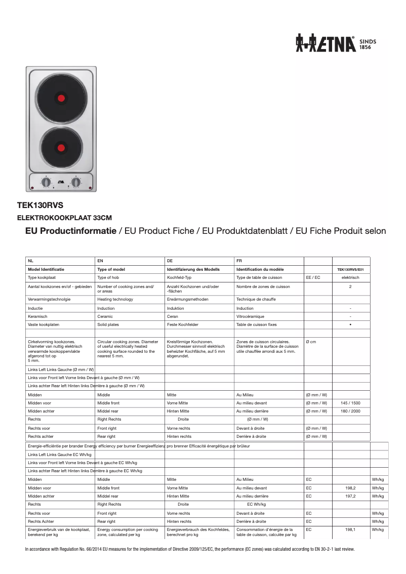 Page 1 de la notice Fiche technique Etna TEK130RVS