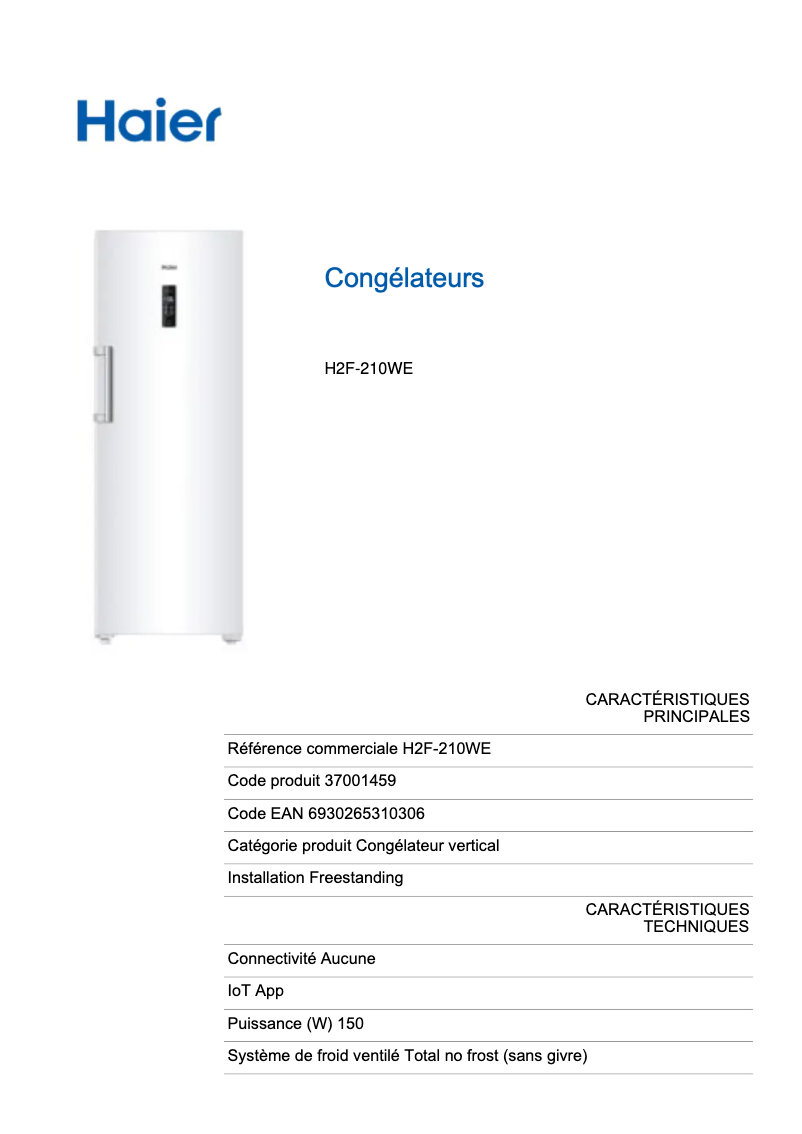 Página 1 del manual Ficha técnica Haier H2F-210WE