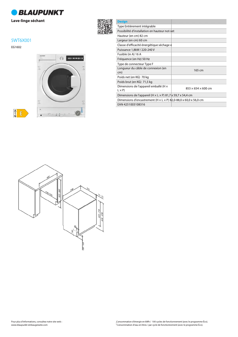 Page 1 de la notice Fiche technique Blaupunkt 5WT6X001