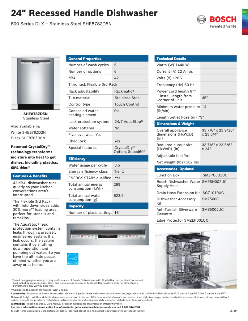 Page n°1 - Fiche technique Bosch SHE878ZD5N