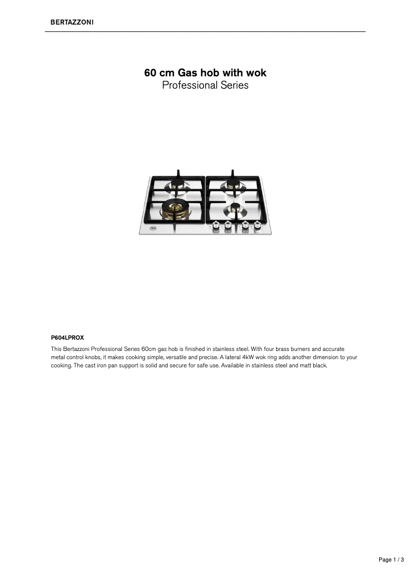 Page 1 de la notice Fiche technique Bertazzoni P604LPROX