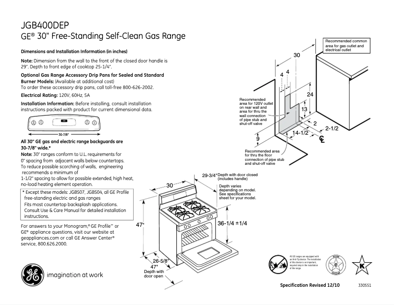 Page 1 de la notice Fiche technique GE JGB400DEPWW
