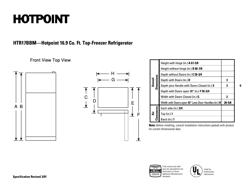 Page 1 de la notice Fiche technique Hotpoint HTR17BBMLAA