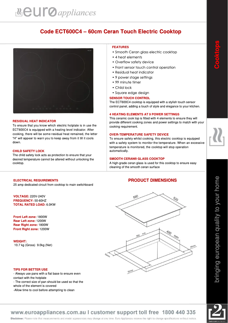 Page 1 de la notice Fiche technique Euro Appliances ECT600C4