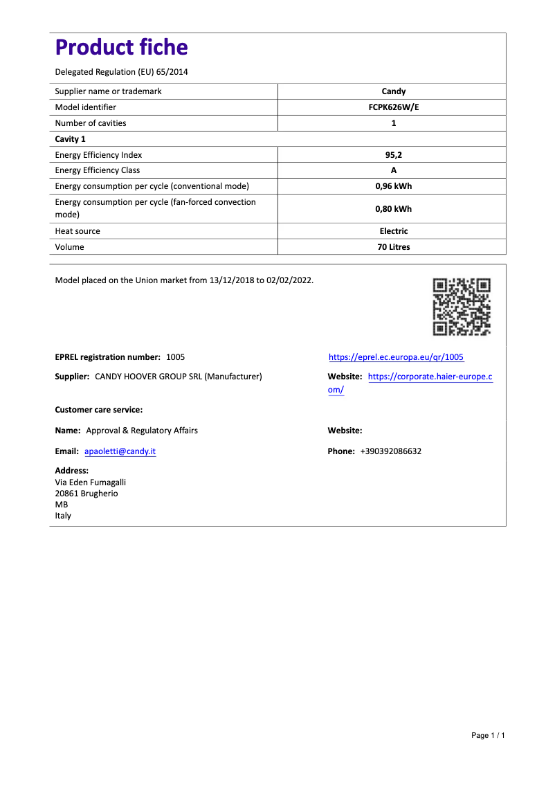 Page 1 de la notice Manuel utilisateur Candy FCPK626W/E