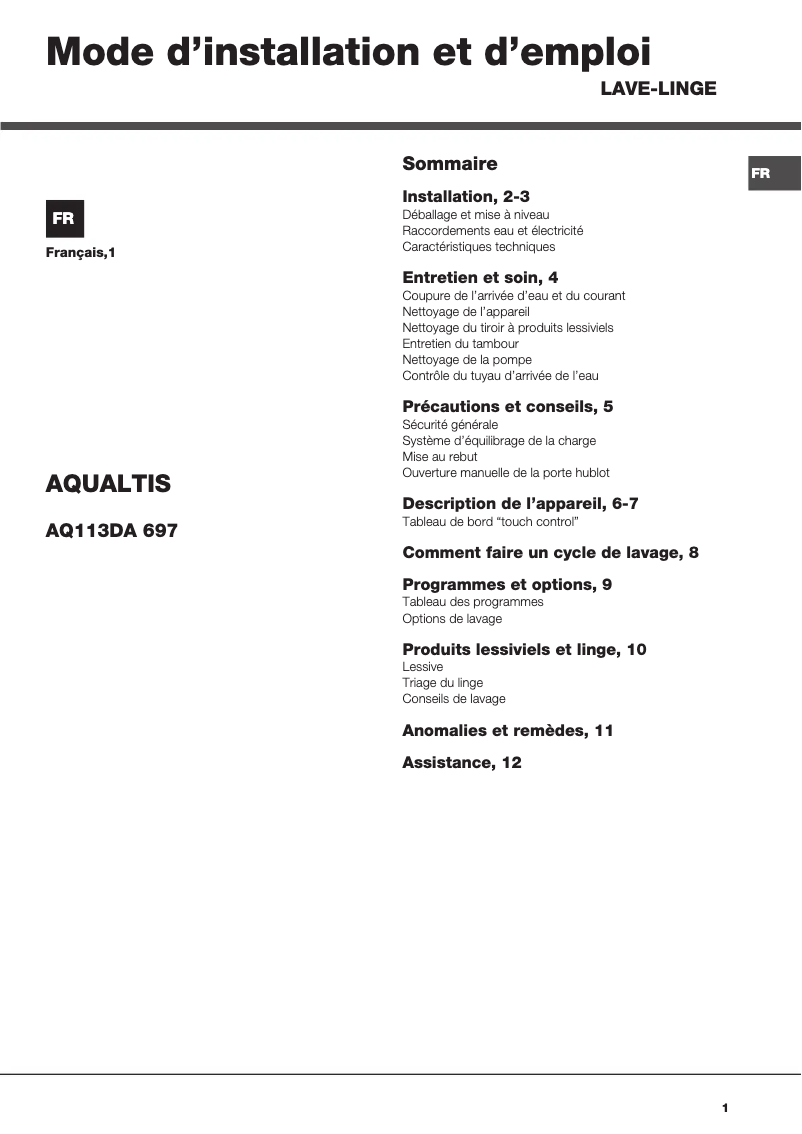 Page n°1 - Manuel utilisateur Hotpoint Ariston Aqualtis AQ113DA 697