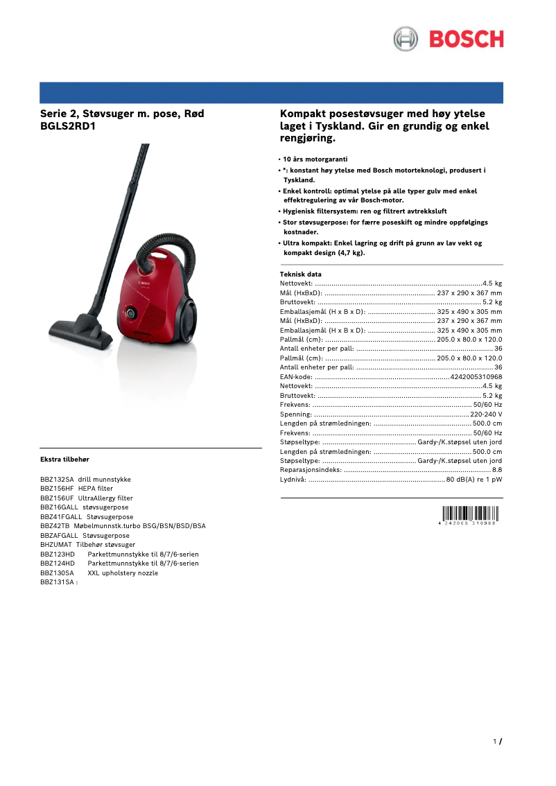 Page 1 de la notice Brochure Bosch BGLS2RD1