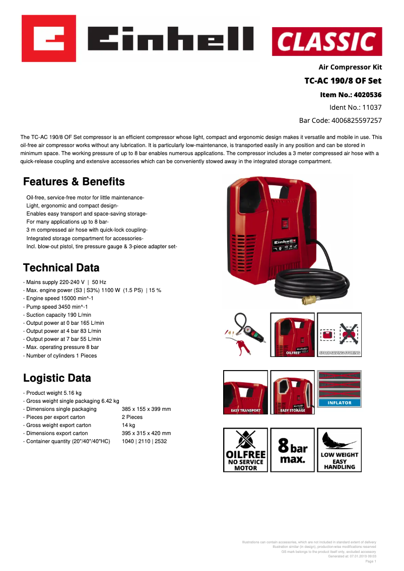 Page n°1 - Fiche technique Einhell TC-AC 190/8 OF Set