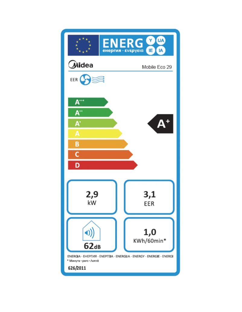 Page 1 de la notice Label énergétique Midea Mobile Eco 29