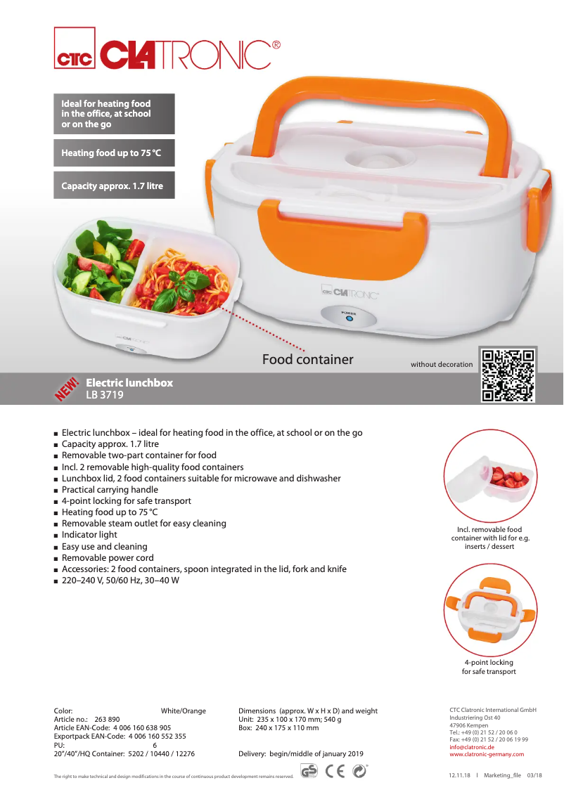 Page 1 de la notice Fiche technique Clatronic LB 3719