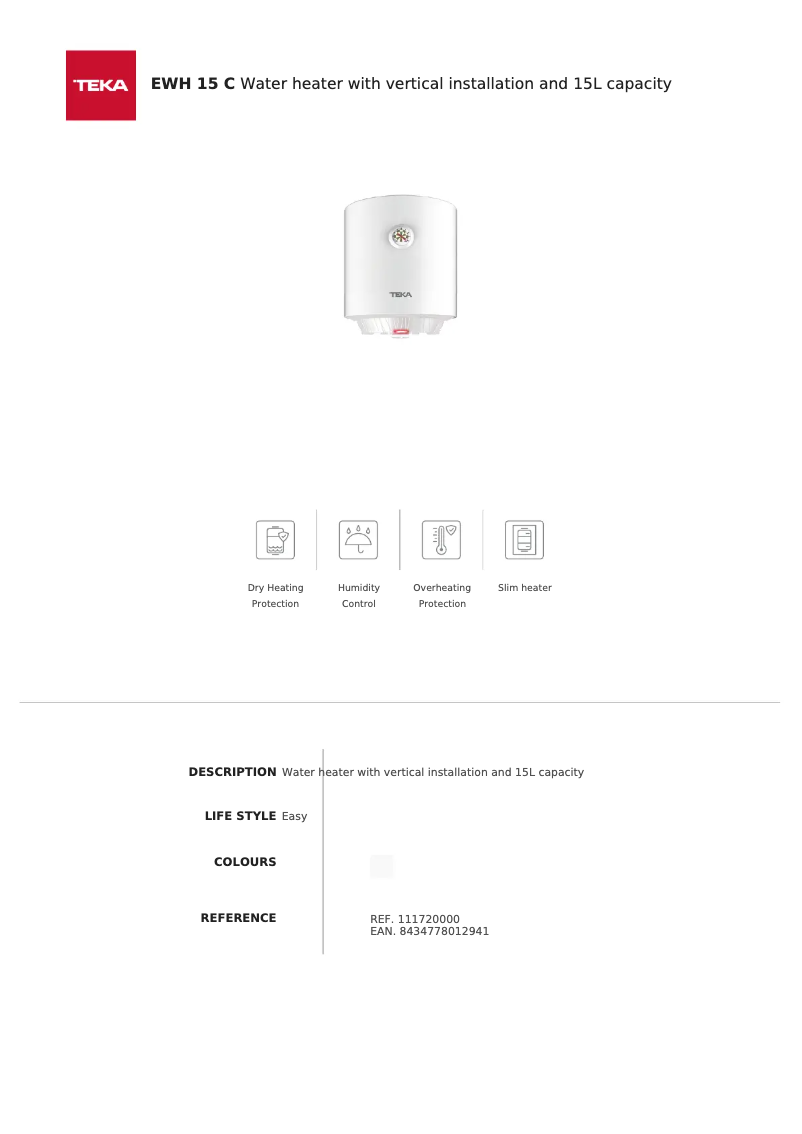 Page 1 de la notice Fiche technique Teka EWH 15 C