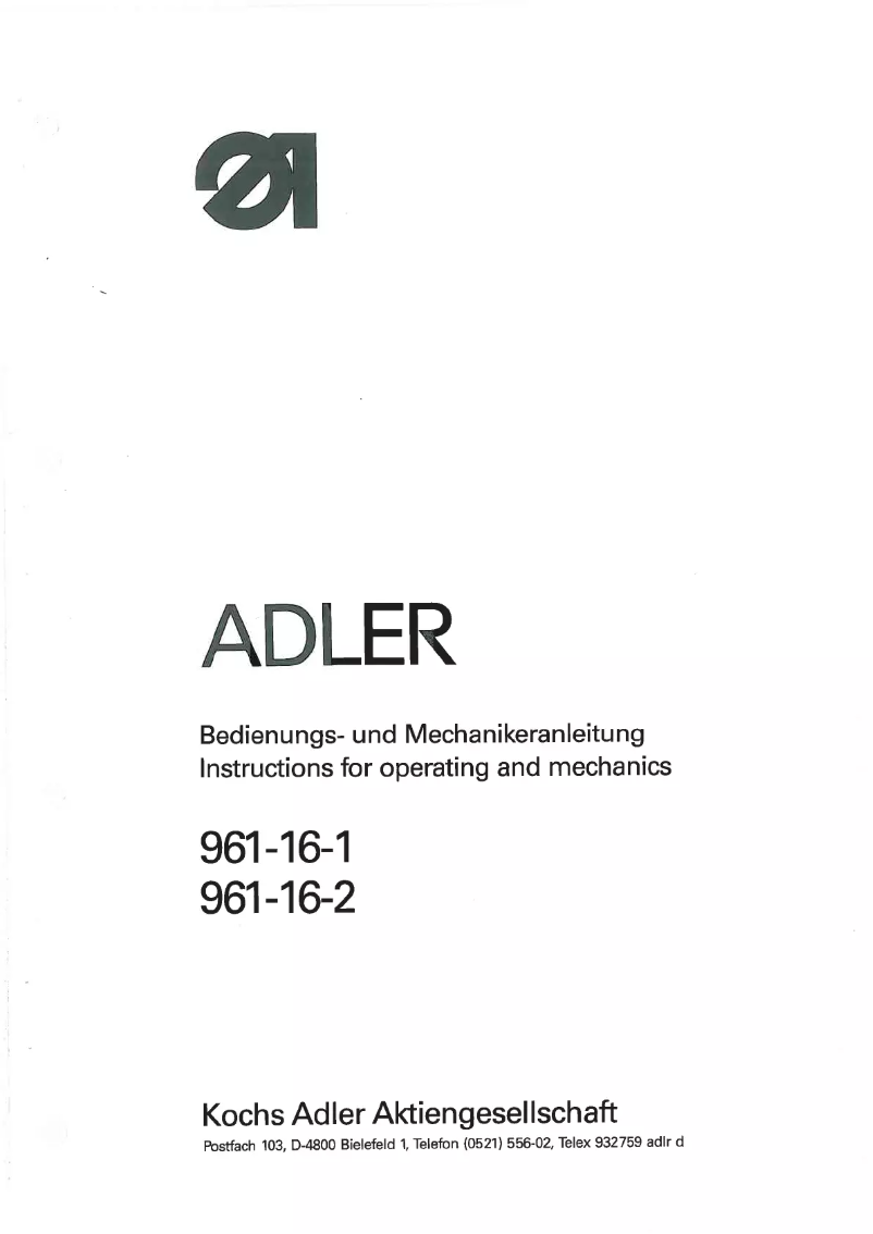 Page n°1 - Manuel utilisateur Dürkopp Adler 961-16