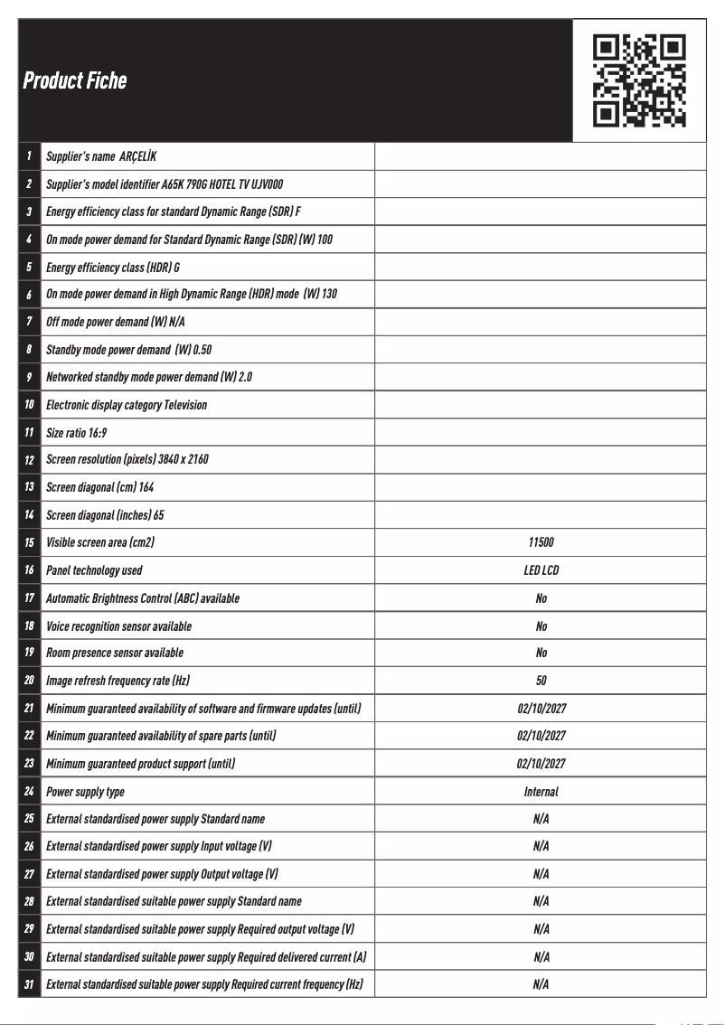 Page 1 de la notice Fiche technique Arçelik A65K 790G