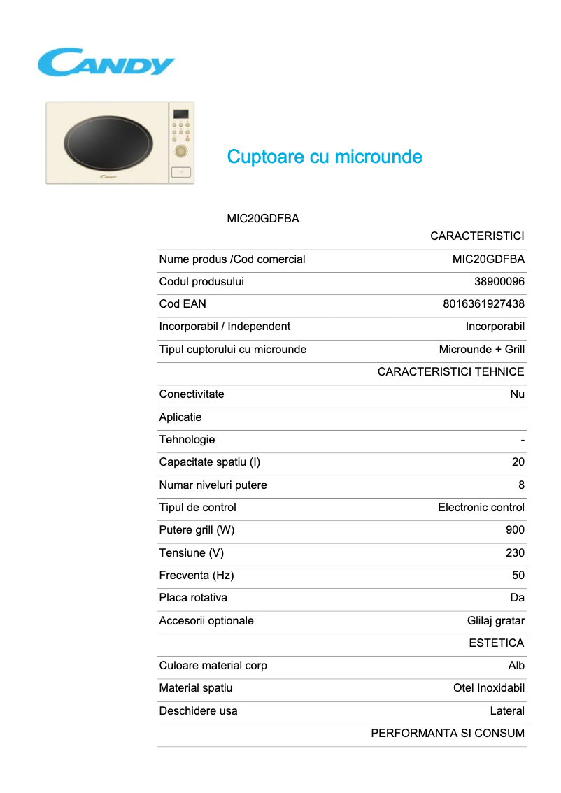 Page 1 of the manual Technical Sheet Candy MIC20GDFBA
