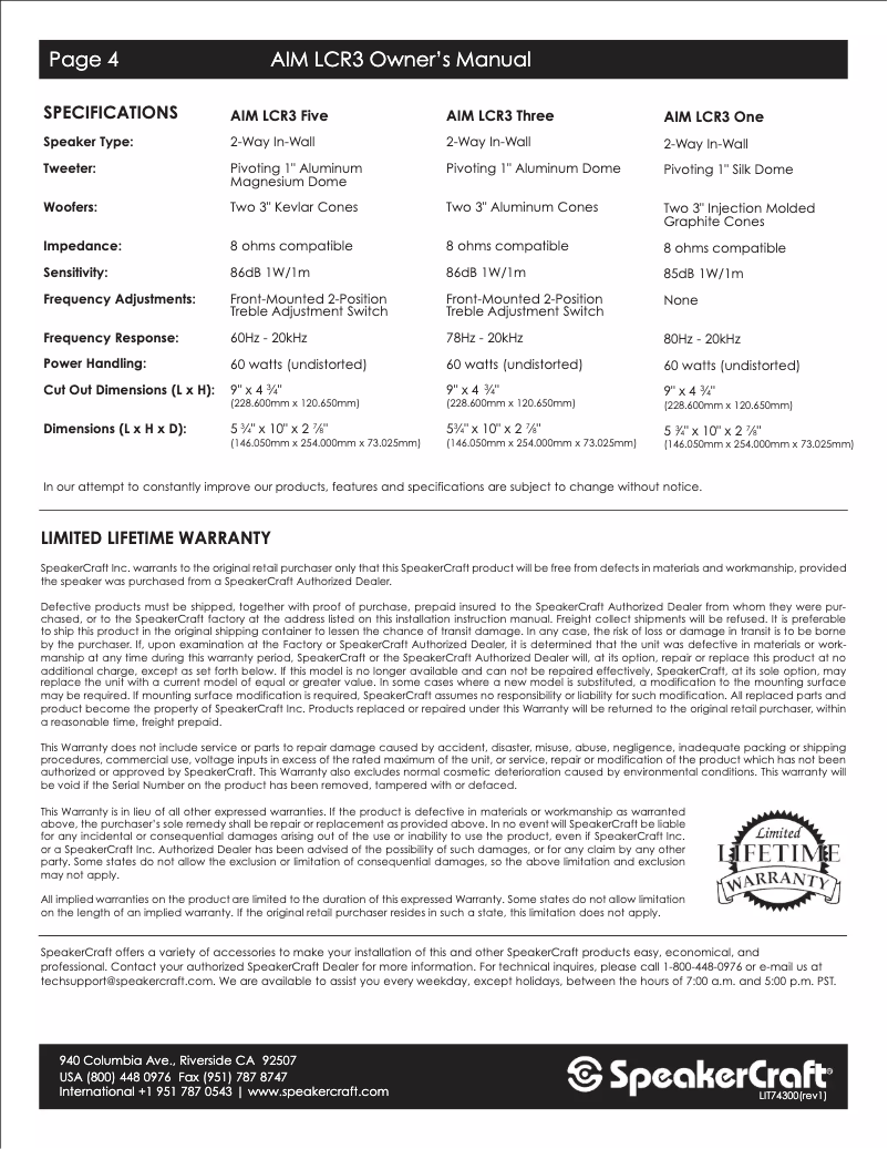 Page n°1 - Manuel utilisateur SpeakerCraft AIM LCR3 One