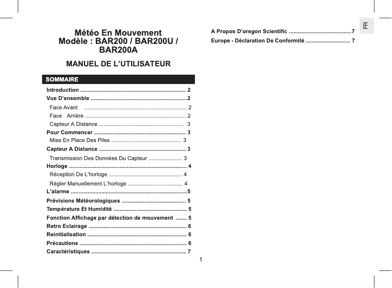 Page 1 de la notice Manuel utilisateur Oregon Scientific BAR200