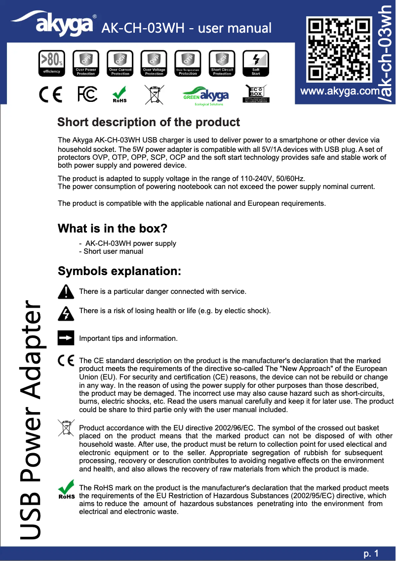 Page n°1 - Manuel utilisateur Akyga AK-CH-03WH