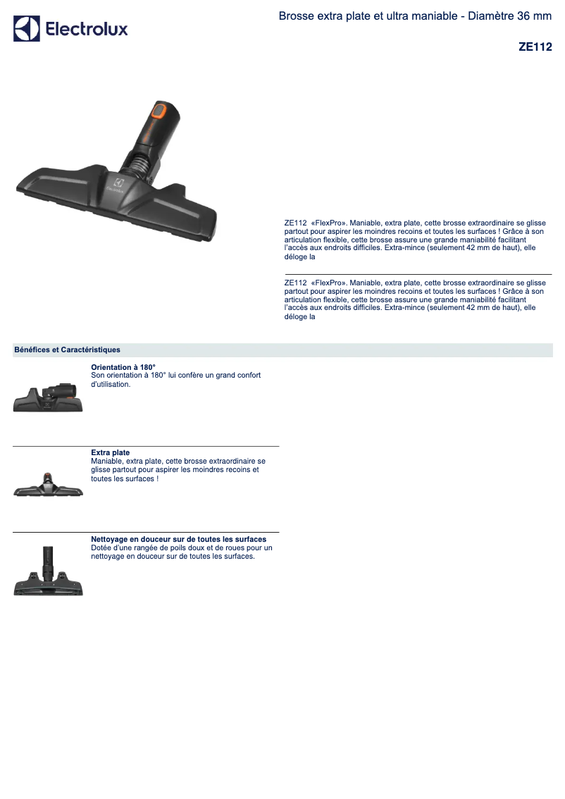 Page 1 de la notice Fiche technique Electrolux ZE112