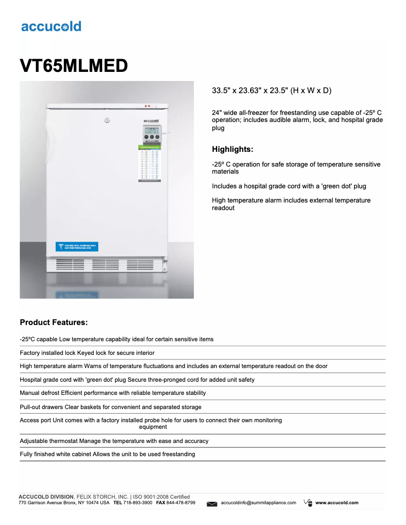 Page n°1 - Fiche technique Summit Accucold VT65MLMED