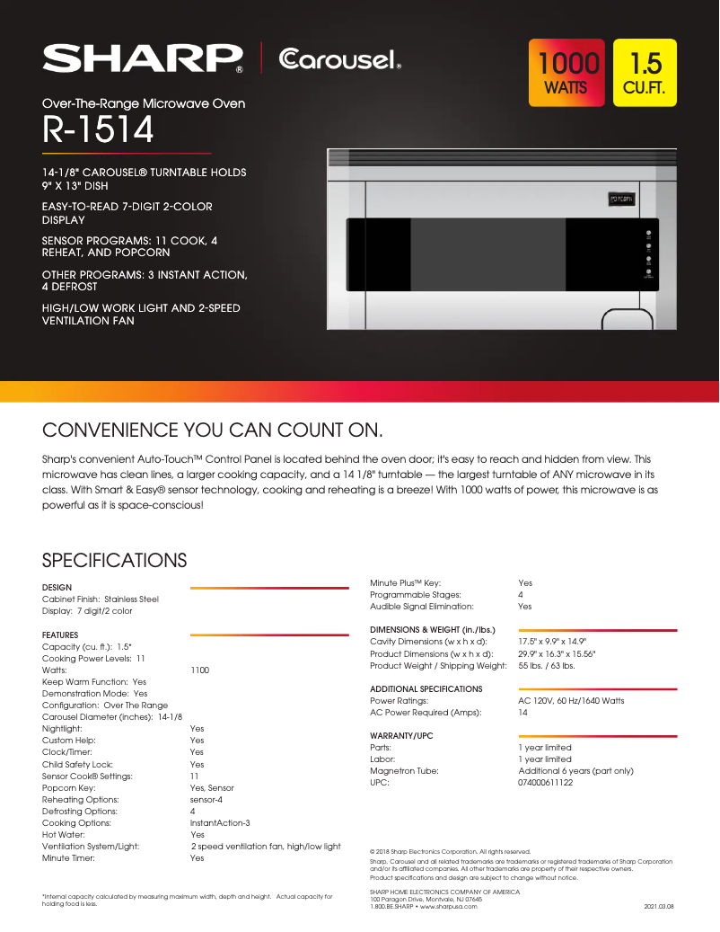 Page 1 de la notice Fiche technique Sharp R1514TY