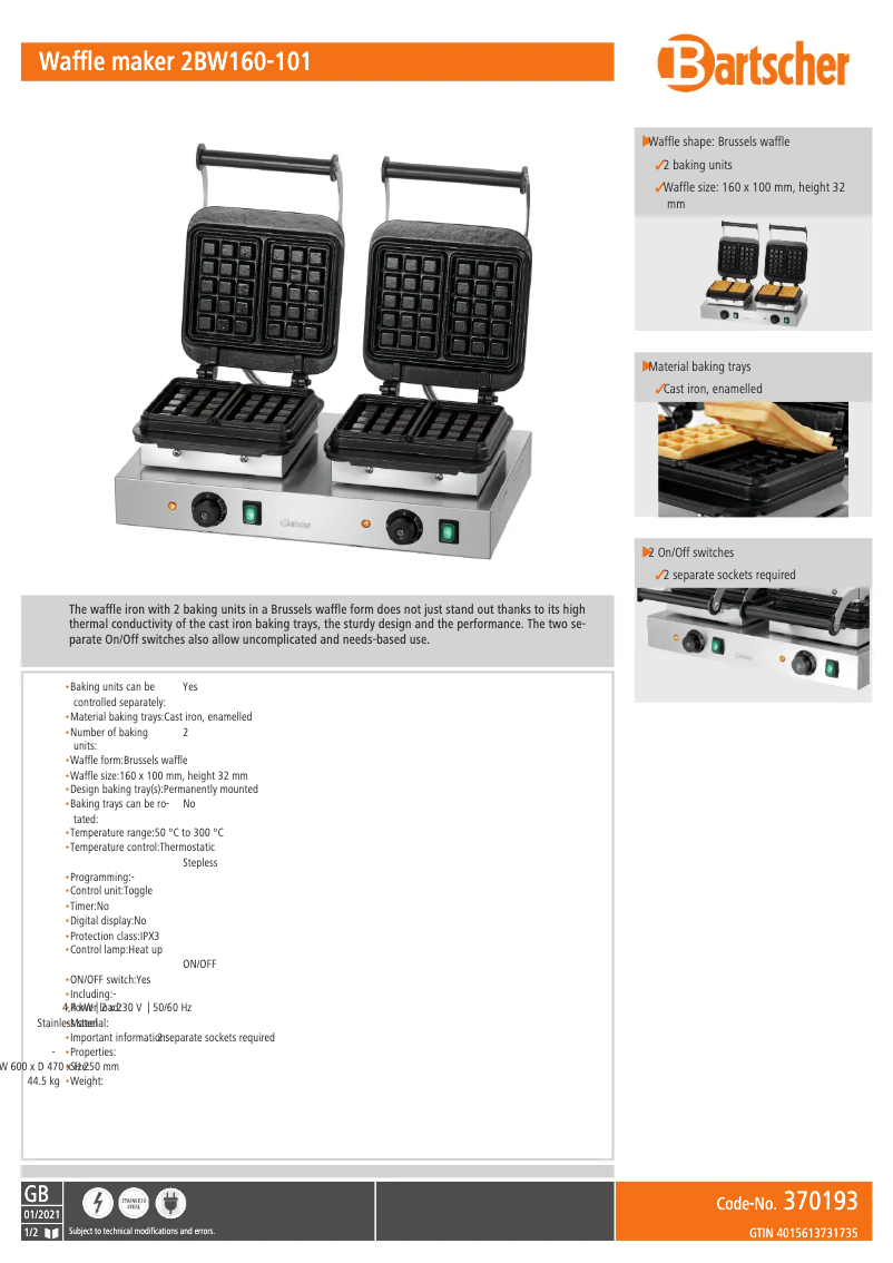 Page 1 de la notice Fiche technique Bartscher BW160