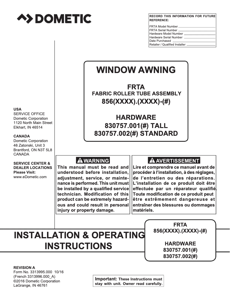 Página 1 del manual Guía de instalación Dometic Window Awning