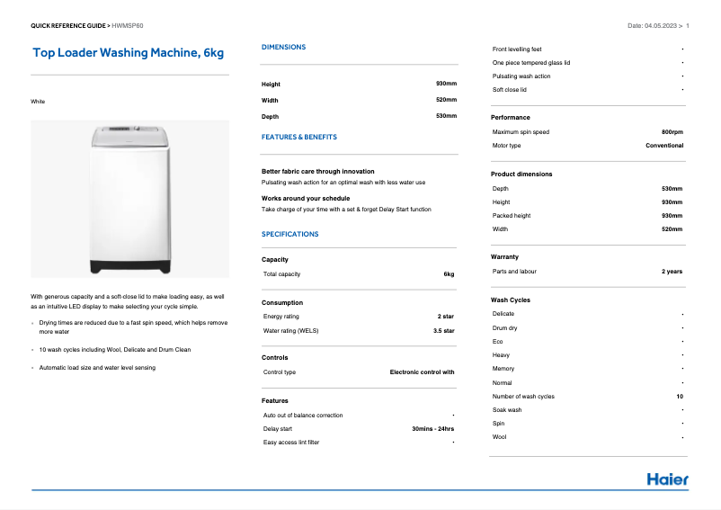 Page 1 de la notice Informations de garantie Haier HWMSP60