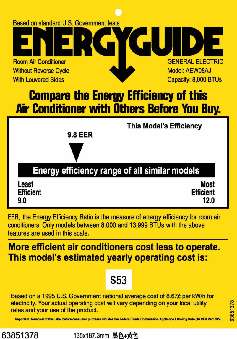 Page 1 de la notice Label énergétique GE AEW08AJ