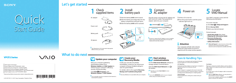 Page 1 de la notice Guide d'installation Sony Vaio VPCF215FD