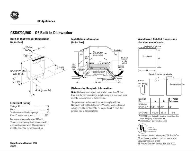 Page 1 of the manual Technical Sheet GE GSD6700GCC