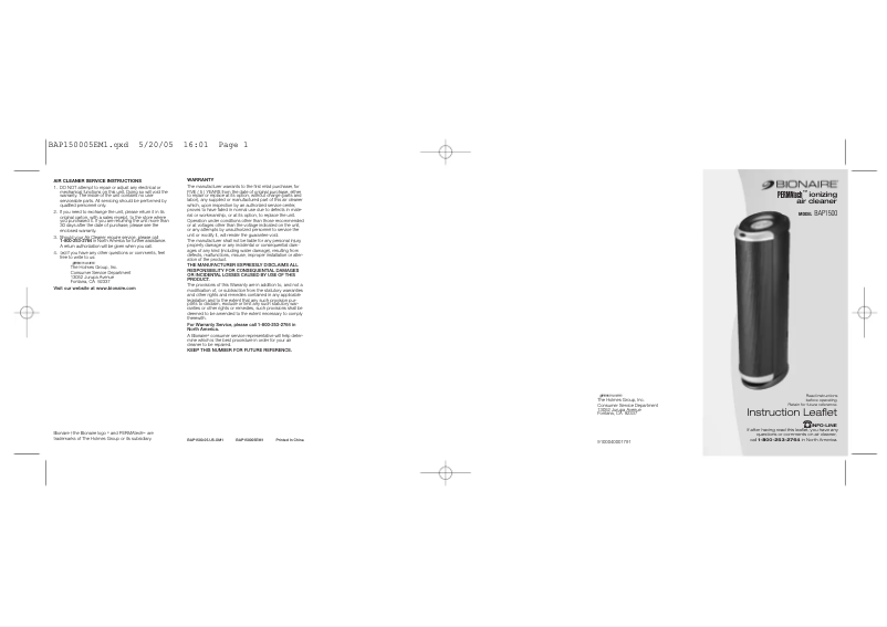 Page n°1 - Manuel utilisateur Bionaire PERMAtech BAP1500
