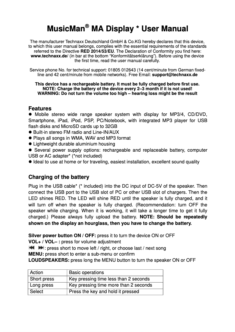 Page n°1 - Manuel utilisateur MusicMan MA Display