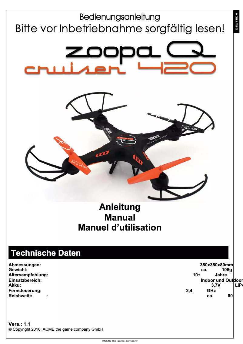 Image de la première page du manuel de l'appareil Zoopa Q420 Cruiser