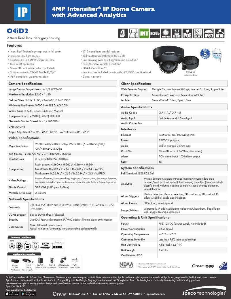 Page 1 de la notice Fiche technique Speco Technologies O4iD2