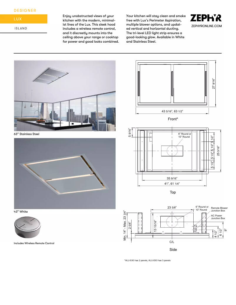 Page 1 de la notice Fiche technique Zephyr ALU-E63BWX