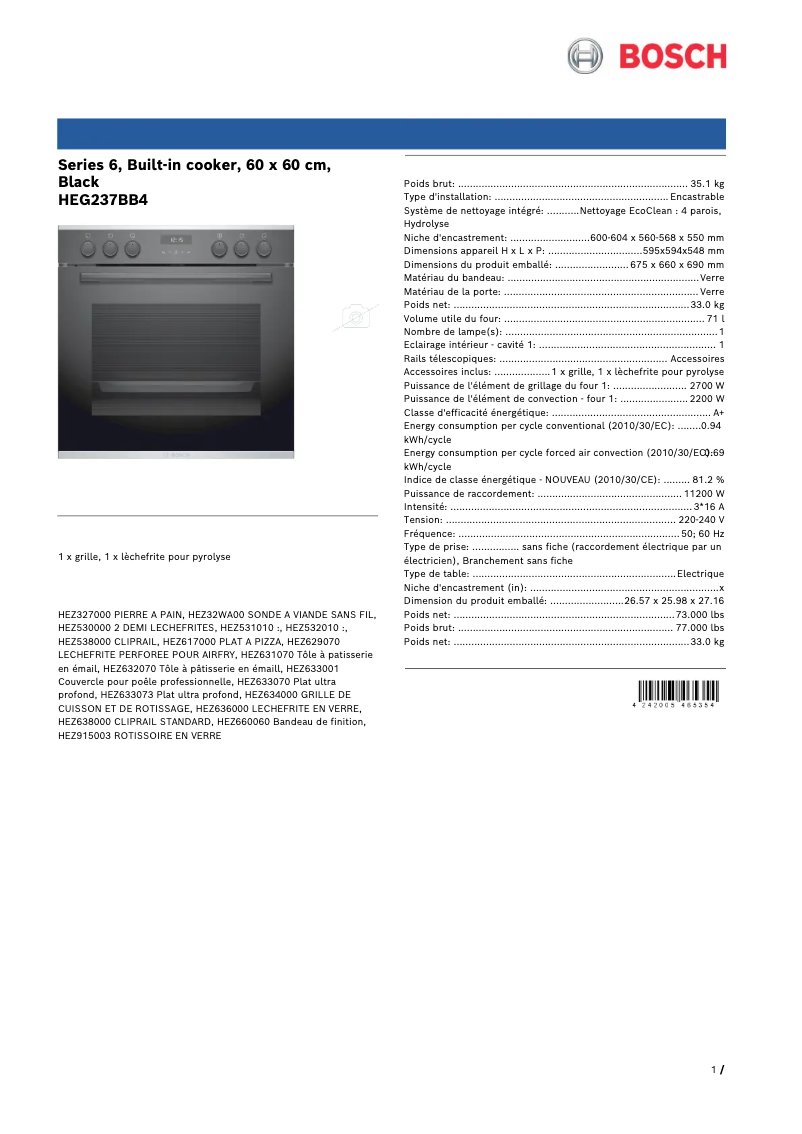 Page 1 de la notice Manuel utilisateur Bosch HEG237BB4