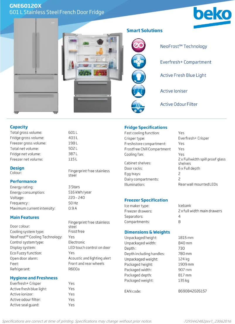 Page 1 de la notice Fiche technique Beko GNE60120X