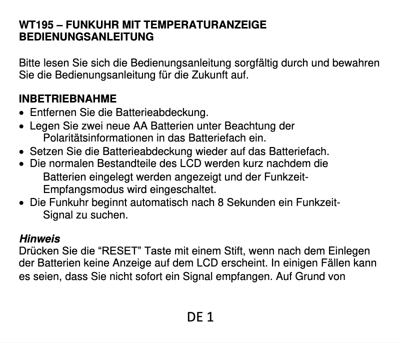 Page n°1 - Manuel utilisateur Techno Line WT 195