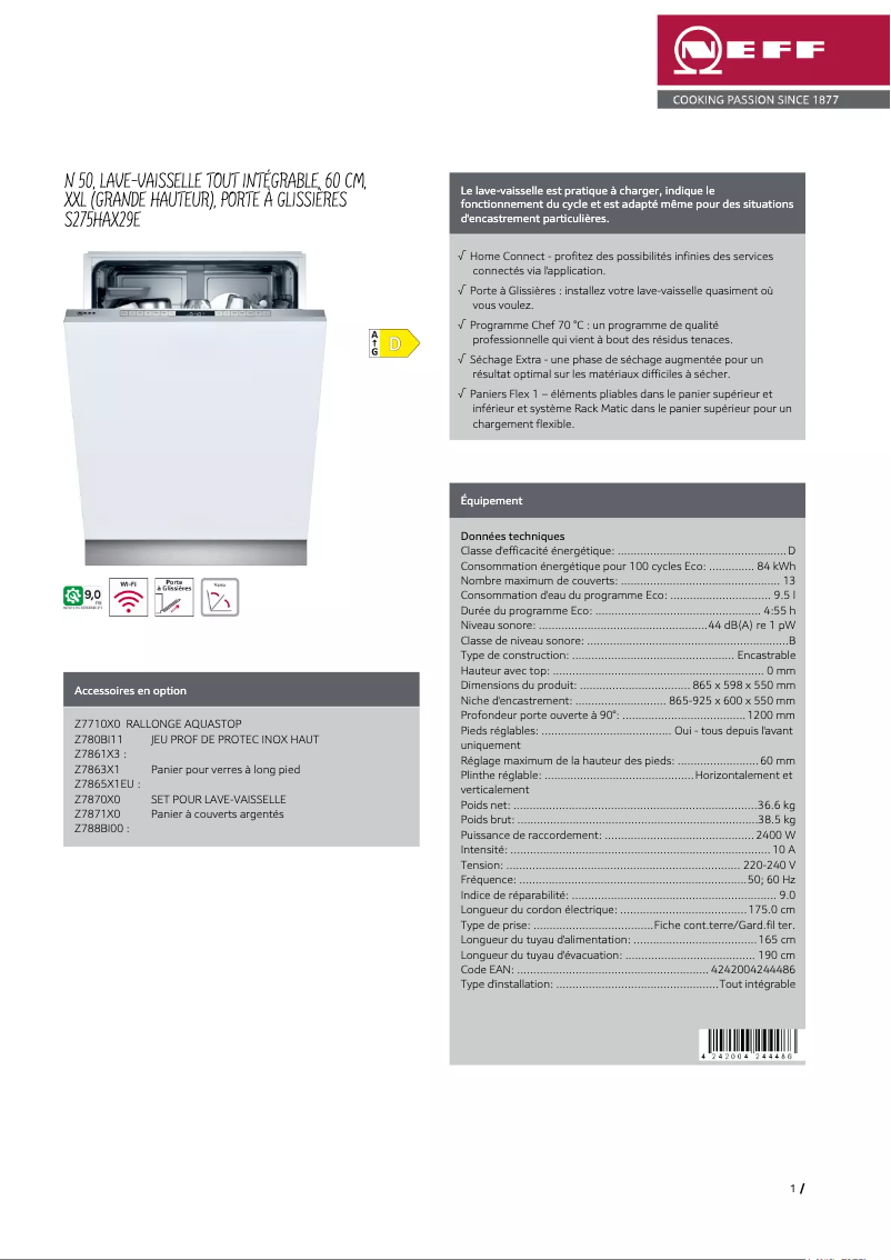 Página 1 del manual Ficha técnica Neff S275HAX29E