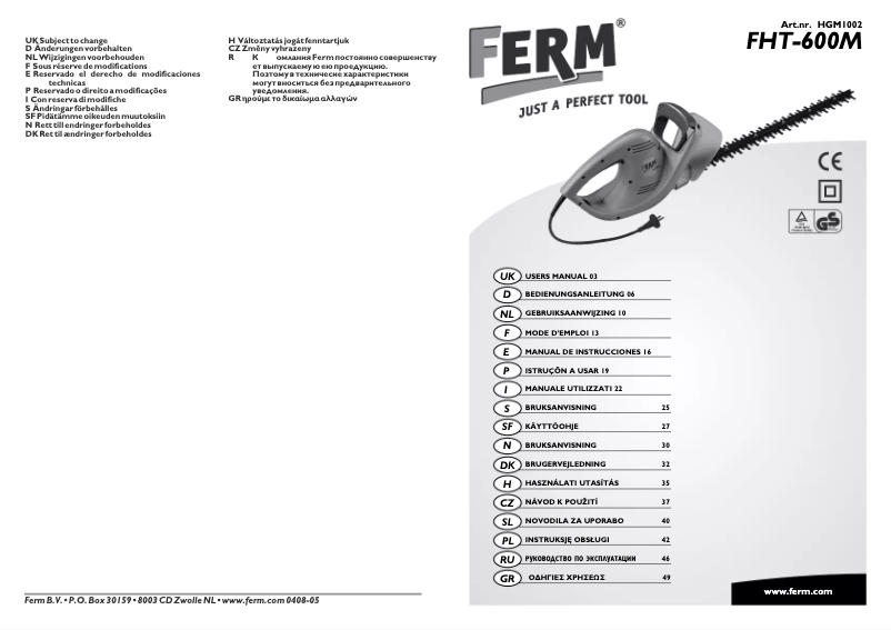 Page n°1 - Manuel utilisateur Ferm HGM1002