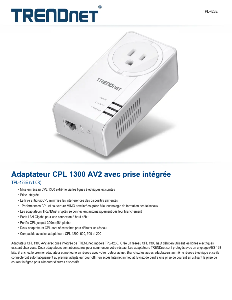 Page 1 de la notice Fiche technique TRENDnet TPL-423E
